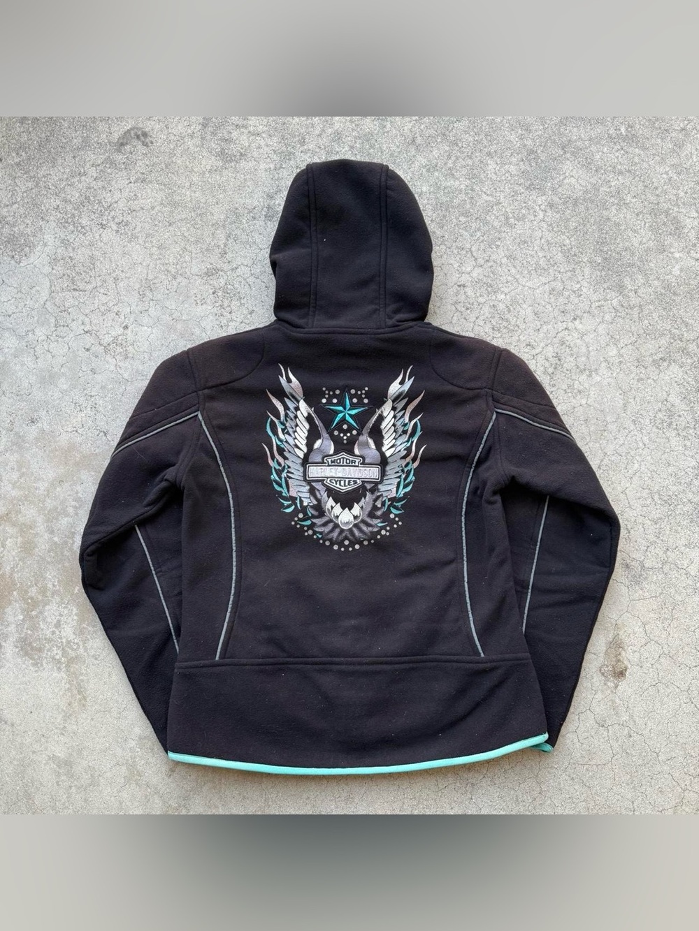 Vintage Y2K HARLEY DAVIDSON Rider Embroidered Womens Black & Teal Hoodie Sz S